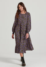 Rochie midi cu imprimeu floral și volane