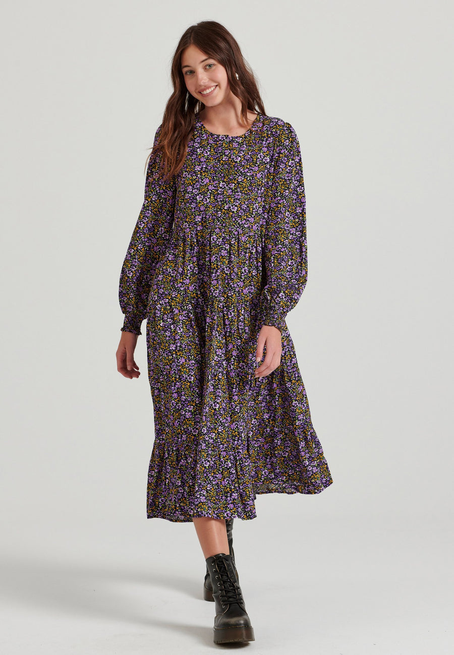 Rochie midi cu imprimeu floral și volane