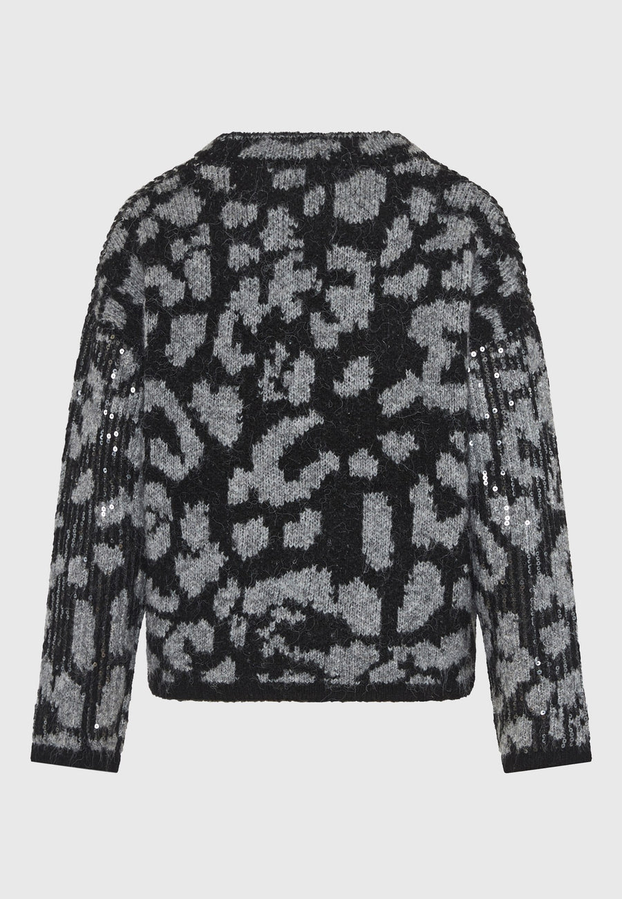 Pulover tricotat cu paiete și imprimeu animal