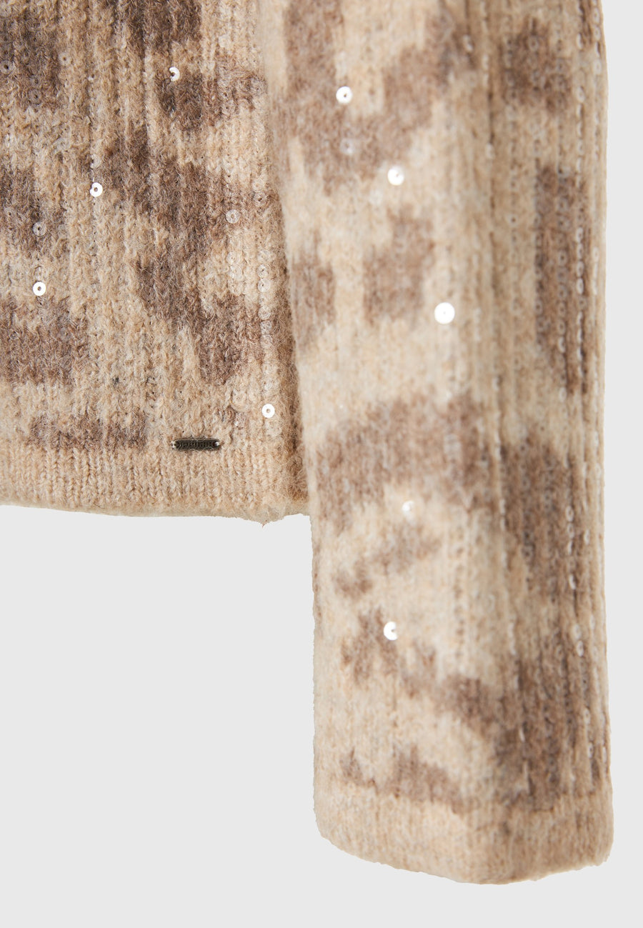 Pulover tricotat cu paiete și imprimeu animal