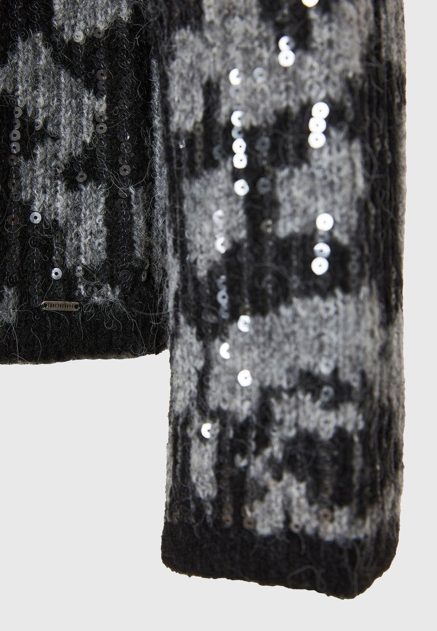 Pulover tricotat cu paiete și imprimeu animal