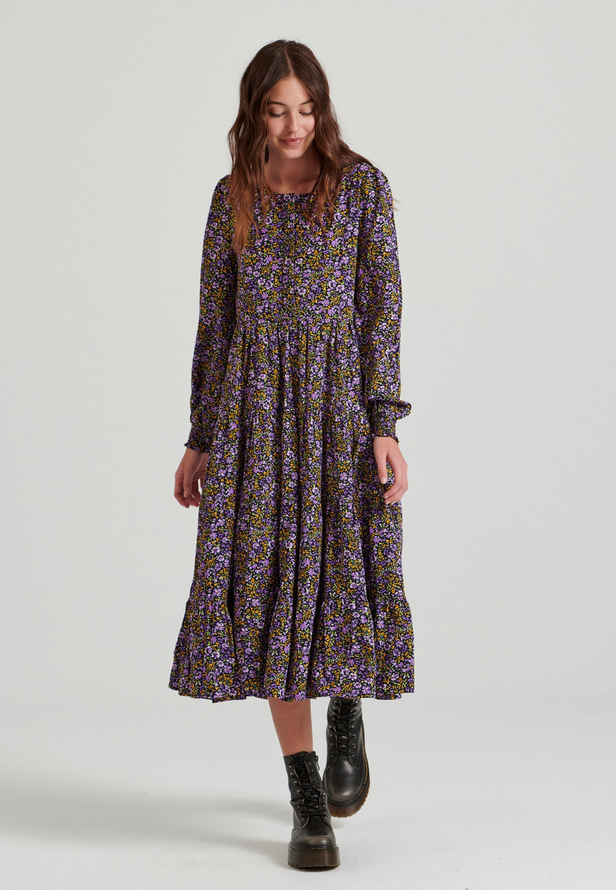 Rochie midi cu imprimeu floral și volane