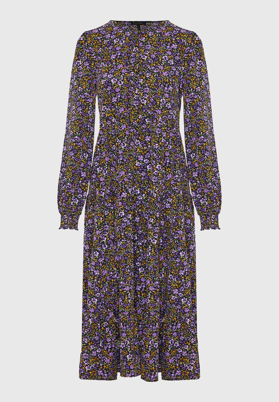 Rochie midi cu imprimeu floral și volane