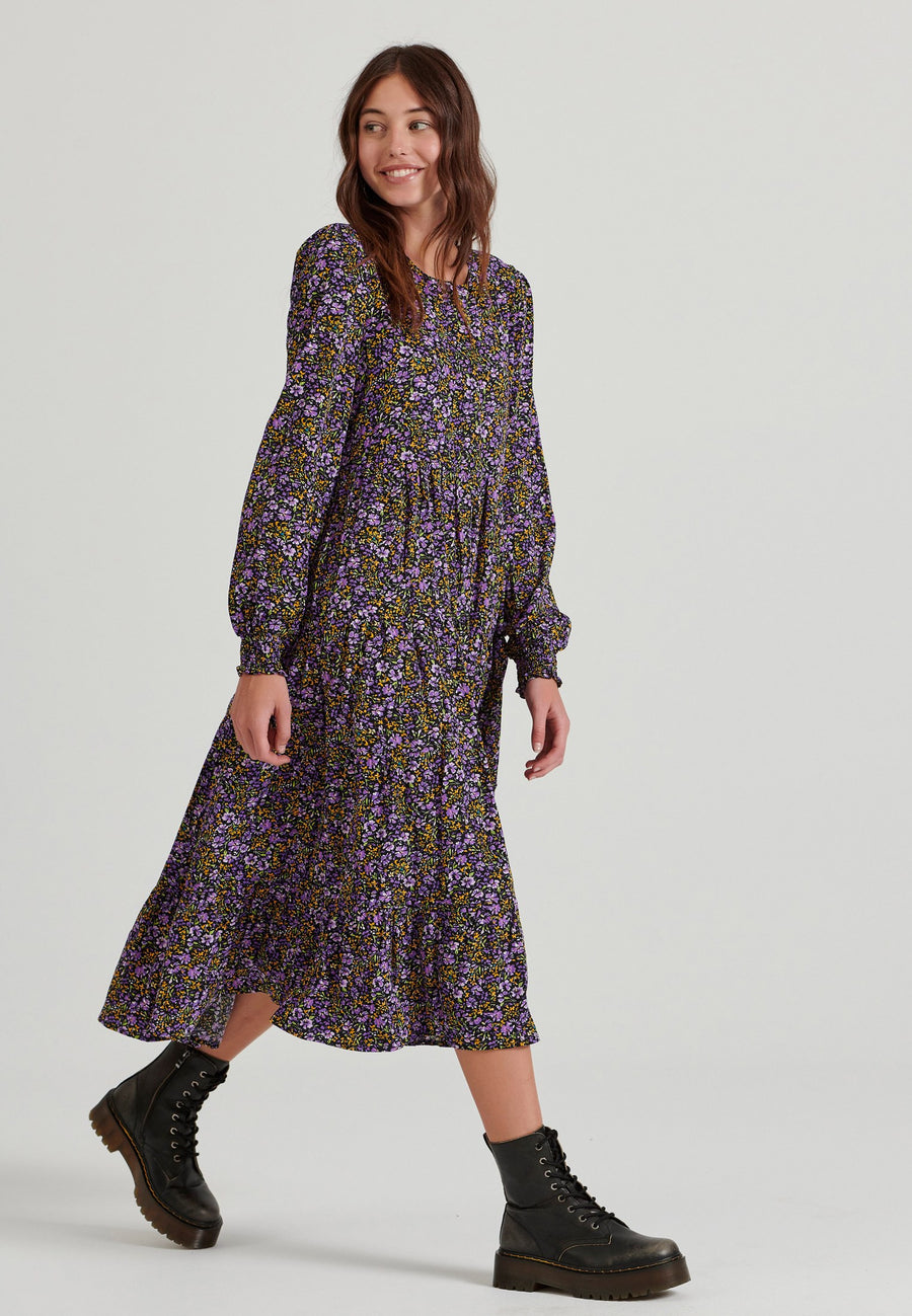 Rochie midi cu imprimeu floral și volane